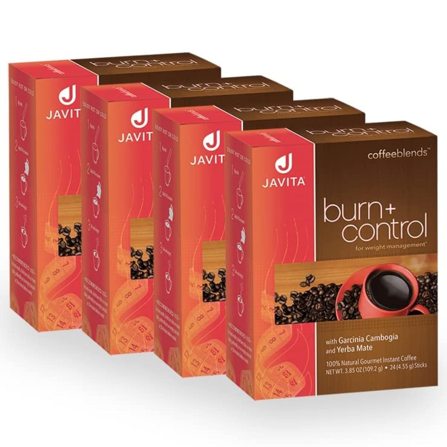 Javita Burn + Control Instant Coffee, Weight Management Herbs: Garcinia Cambogia & Yerba Mate, Slimming Coffee with Help of Exercise, Keto, Dieters Drink, 4 box / 24 (4.55g Sticks), 96 Count