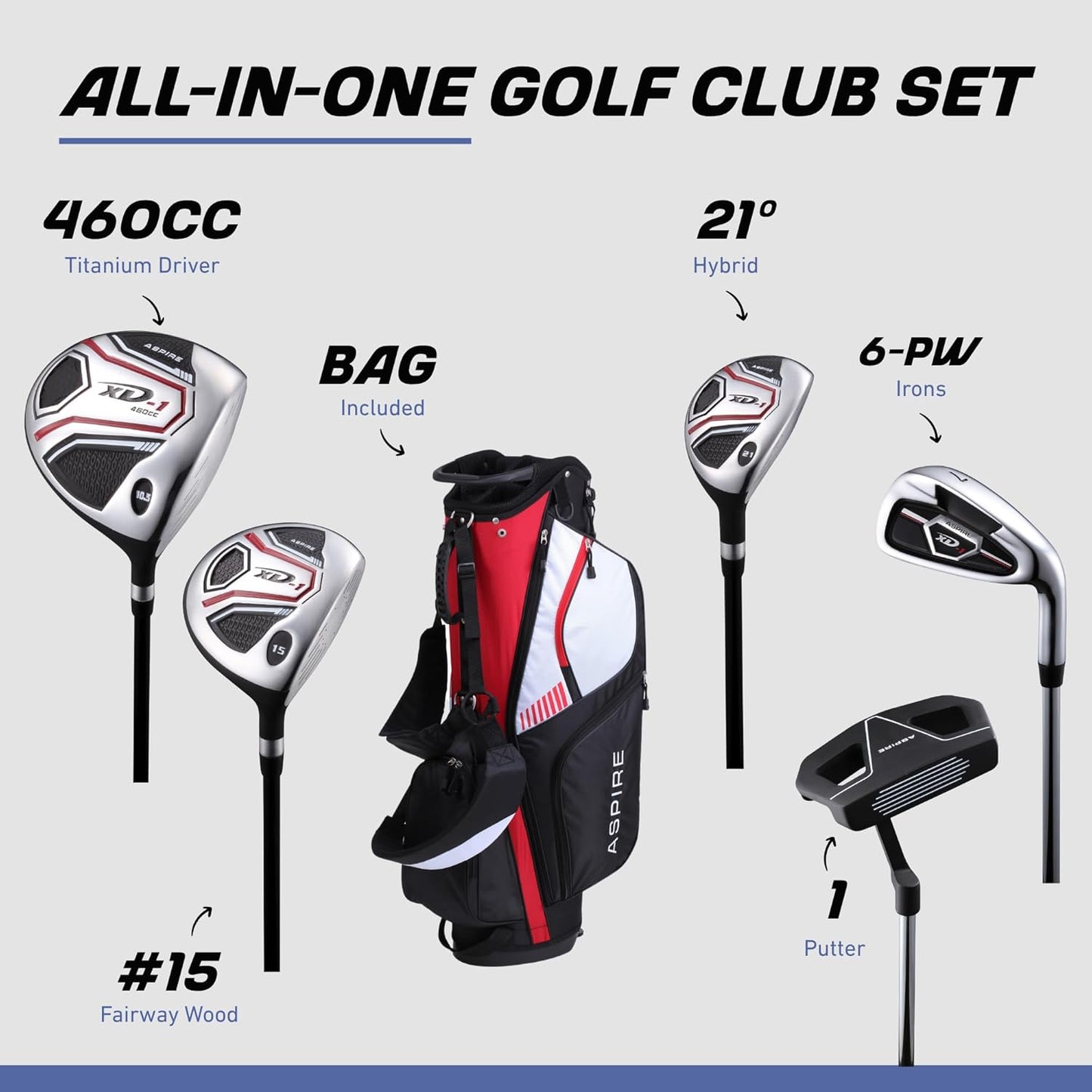 Aspire XD1 Men's Senior All Graphite Complete Golf Clubs Package Set Includes Titanium Driver, S.S. Fairway, S.S. Hybrid, S.S. 6-PW Irons, Putter, Stand Bag, 3 H/C's Right Hand