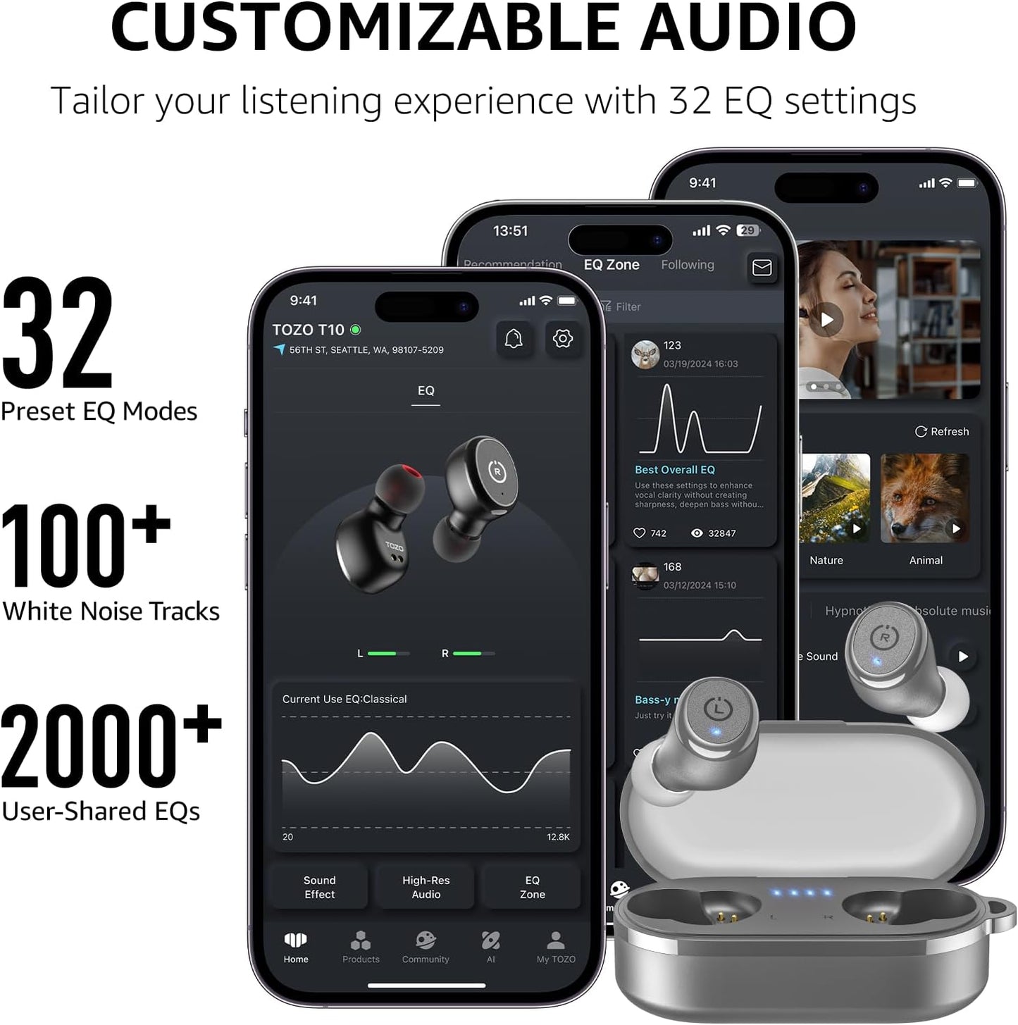 TOZO T10 Wireless Earbuds Bluetooth 5.3 Headphones, App Customize EQ, Ergonomic Design, 55H Playtime, Wireless Charging Case, IPX8 Waterproof Sound in-Ear Headset, 2025 New Version