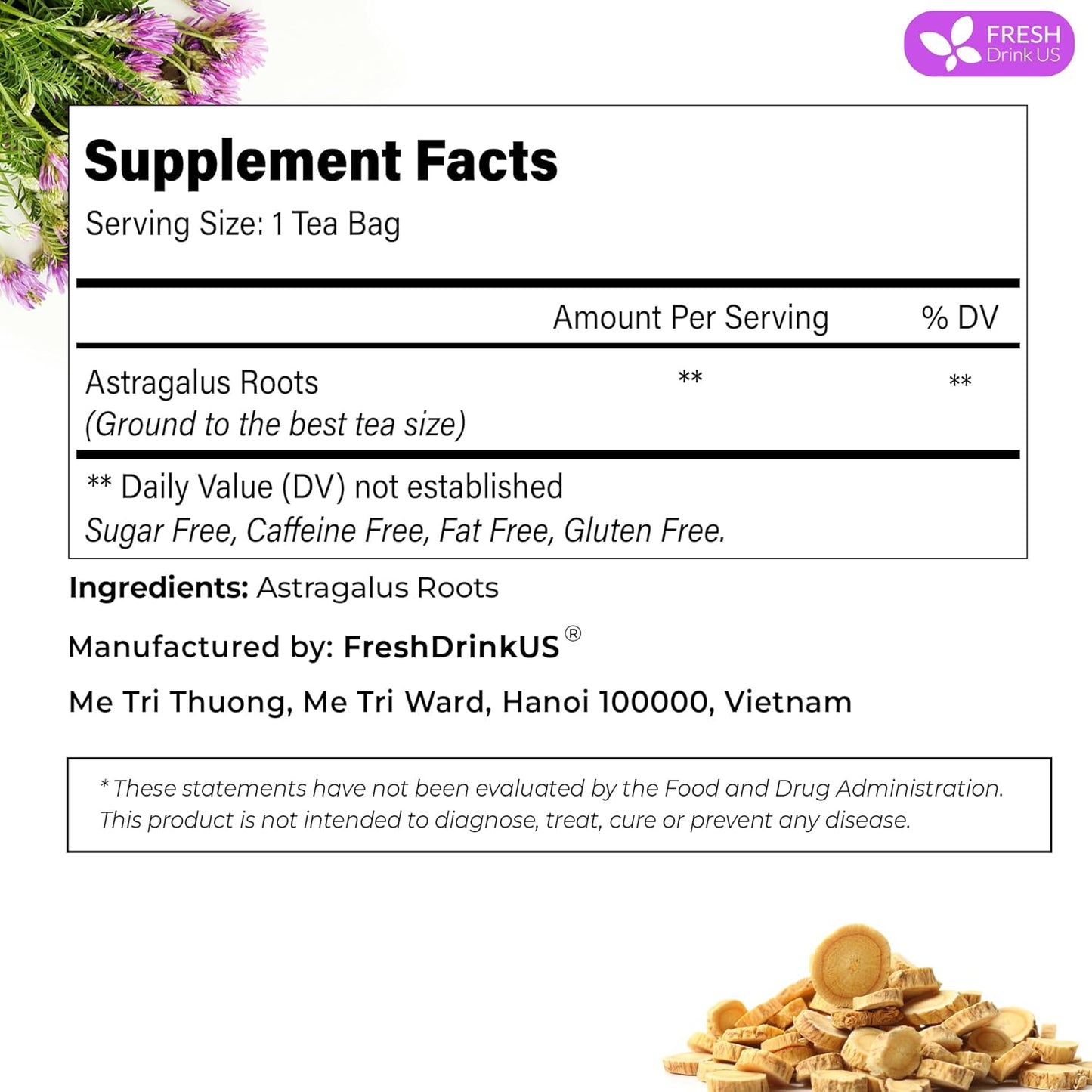 FreshDrinkUS, Premium 75 Astragalus Root Tea Bags, 100% Natural & Pure from Astragalus Root. Astragalus Root Herbal Tea. Made with Natural Material Tea Bags. No Sugar, No Caffeine, No Gluten, Vegan.