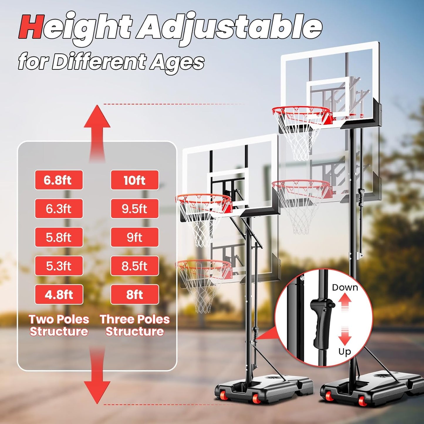 Basketball Hoop 44 Inch Backboard Protable Basketball Hoop Outdoor, 4.8-10ft Height Adjustable Basketball Goal System for Kids Youth Adults Play in Backyard/Courts/Indoor
