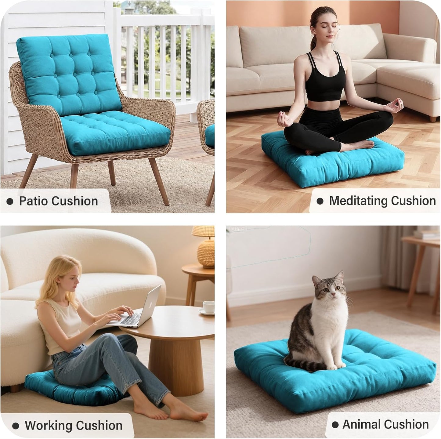 Tiita Square Outdoor Cushions Floor Pillow Thicken Tufted Seat Cushion for Adult Seating on Floor Yoga Meditation Living Room Balcony Office Indoor, Set of 2, 22x22 Inch, Blue