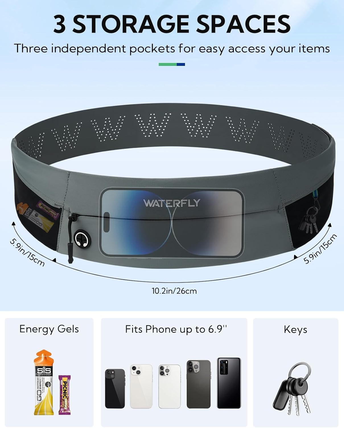 WATERFLY Running Belt Fanny Pack: Slim Waist Bag for Men Women, Workout Fitness Phone Holder for Exercise Marathon Jogging-Grey