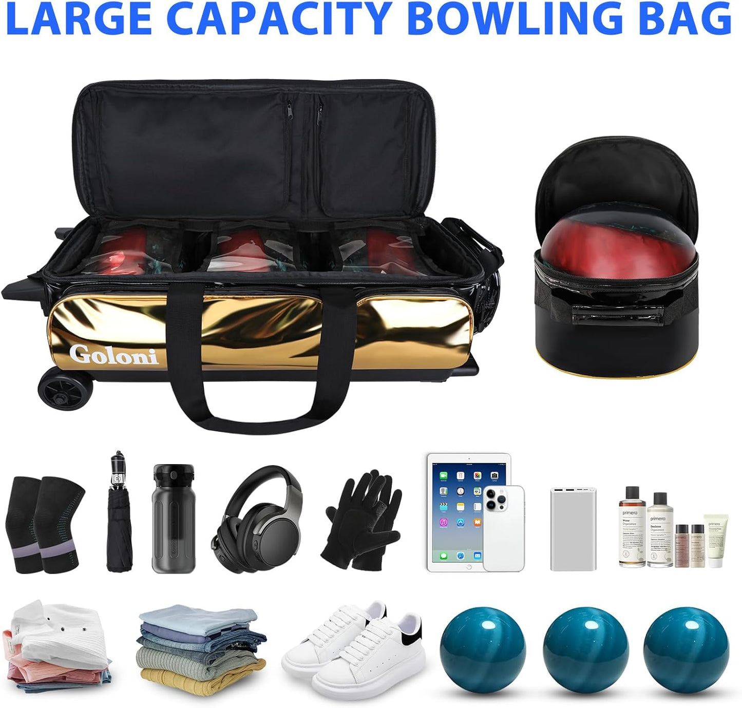 4 Ball Bowling Bags with Wheels,3 Ball Bowling Bag + 1 Ball Tote,Separate Shoe Compartment for Shoes (Up To US Men Size 16)