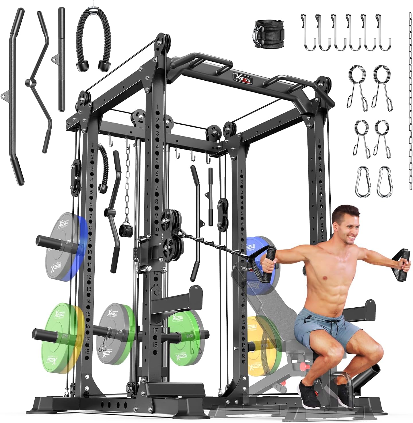 Power Cages Multi-Purpose Squat Rack with Cable Crossover System, Matching Weight Bench, Olympic Barbell Weight Set for Garage and Home Gyms