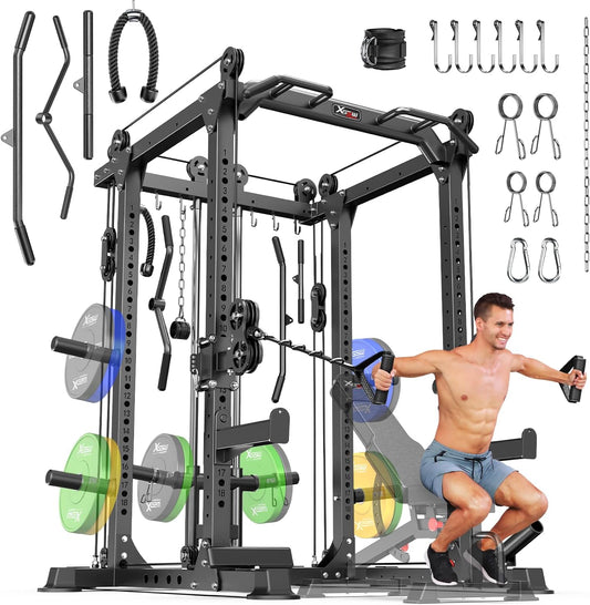 Power Cages Multi-Purpose Squat Rack with Cable Crossover System, Matching Weight Bench, Olympic Barbell Weight Set for Garage and Home Gyms