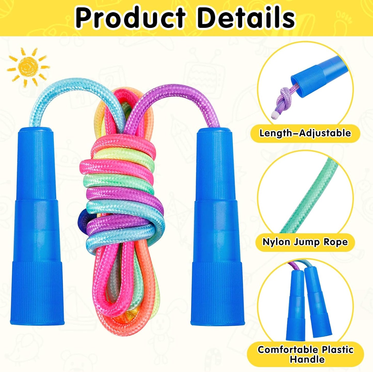Jeffbaubl 18 Pack Jump Rope for Kids, 7.2Ft Kids Rainbow Jump Rope, Adjustable Skipping Ropes with Plastic Handles, Jumping Ropes for Boys Girls Outdoor Activity Party Favors