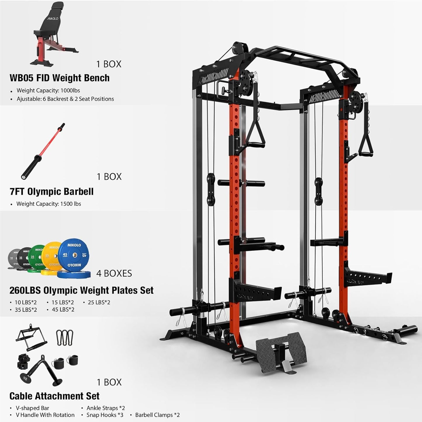 Mikolo Power Cage, 2000LB Power Rack with Independent Dual Pulley System, Multi-Function Home Gym Workout Machine for Cable Crossover