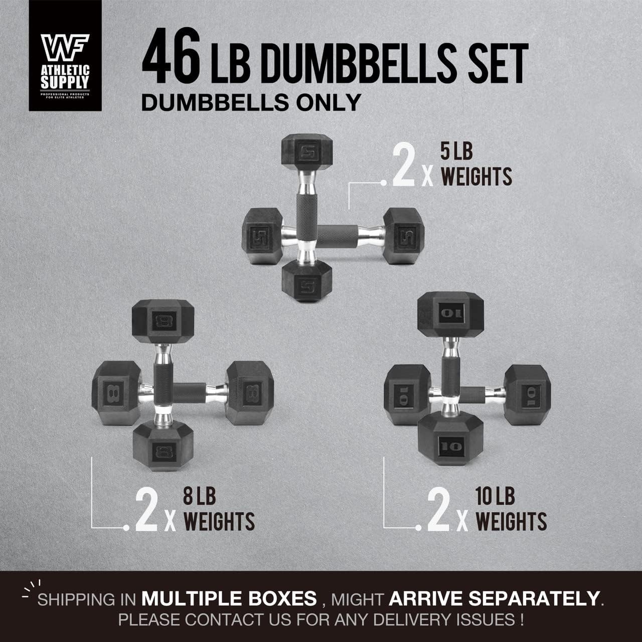 WF Athletic Supply Rubber Encased Hex Dumbbells with Rubber Grip Contoured Handle for Muscle Toning, Strength Building & Full Body Workout
