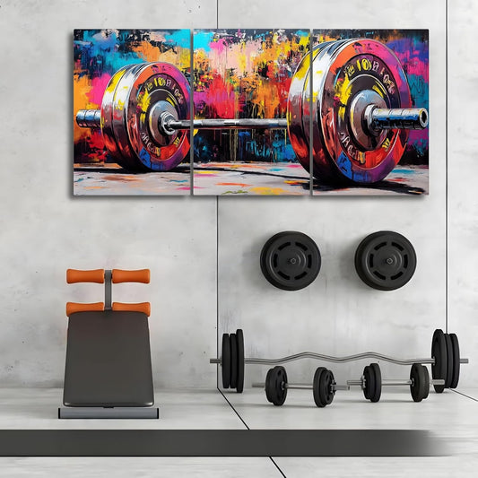 sawjug Gym Barbell Wall Decor, Colorful Graffiti Canvas Wall Art, Gym Motivational Wall Art, Colorful Pictures Wall Decor, Wall Painting for Living Room, Bedroom (16" x 24" x 3 pcs)