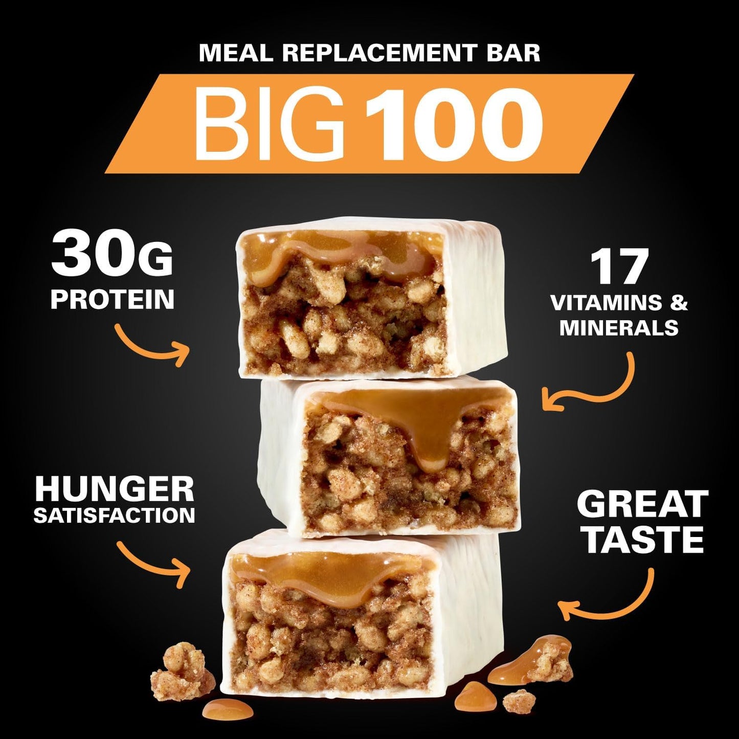MET-Rx Big 100 Colossal Protein Bars, Vanilla Caramel Churro Meal Replacement Bars, Brown, 9 Count