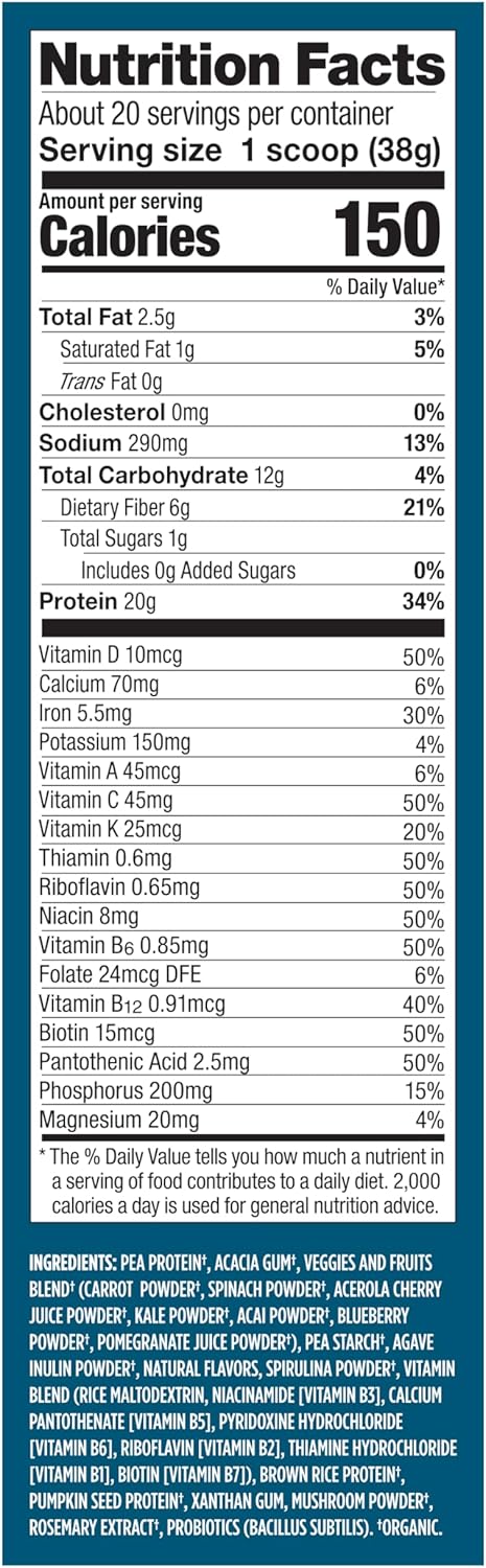 Vega All in One Nutrition Organic - 20g Plant-Based Pea Protein, Unsweetened, 20 Servings, Vitamins A & C, Probiotics, Greens, Vegan, Keto, Gluten Free, 26.9oz (Packaging May Vary)