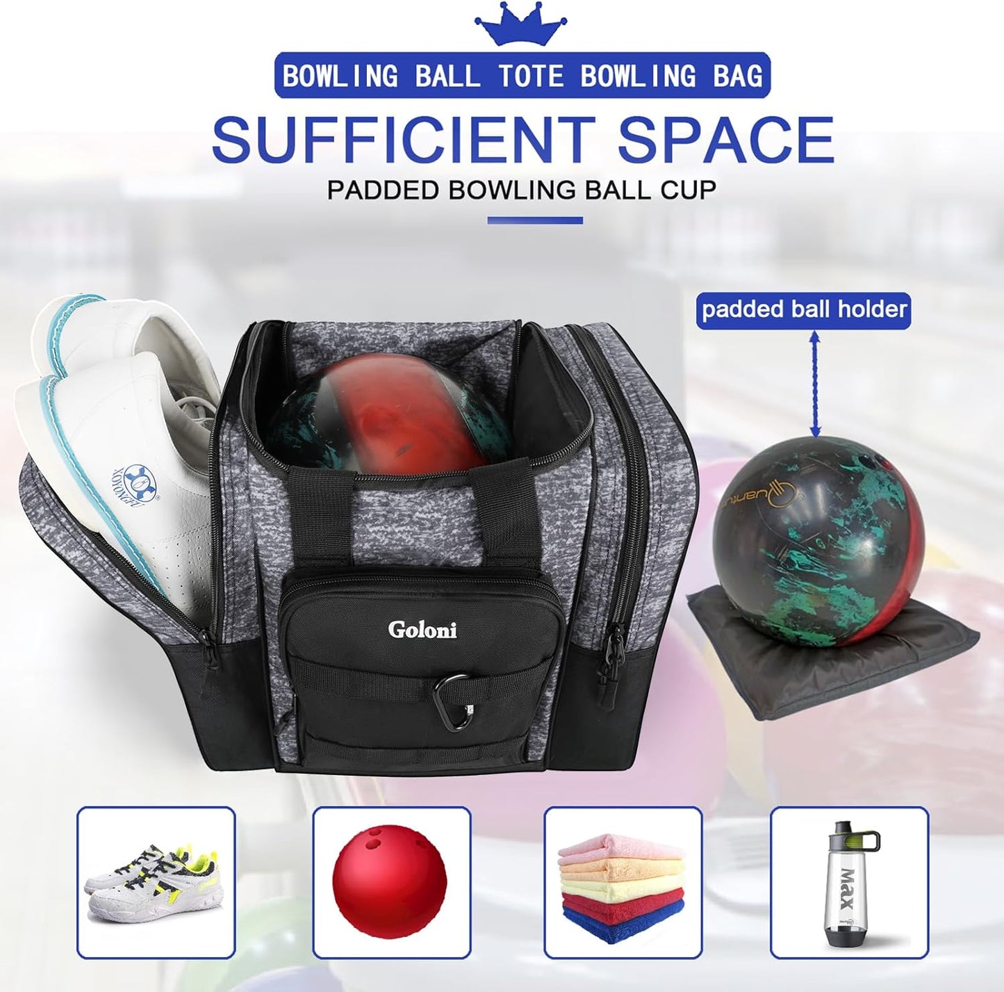 Goloni Bowling Ball Bag for Singer Ball with Padded Ball Holder, 2 Pockets fit Bowling Shoes Up to Mens Size 14 and Accessories