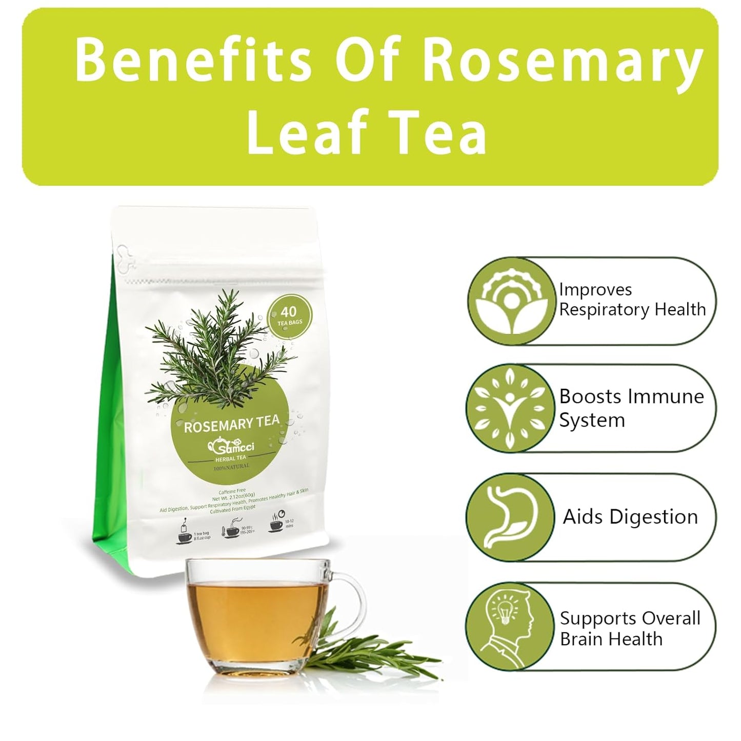Samcci - Rosemary Tea, 40 Teabags, 1.5g/bag - Pure Dried Rosemary Leaves Tea Bags- Cultivated From Egypt - Non-GMO - Caffeine-free - Support Respiratory Health & Support Hair Growth