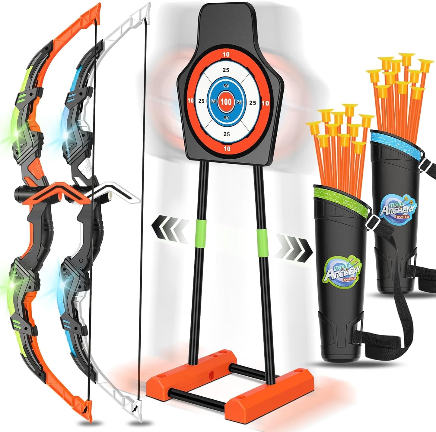 Bow and Arrow for Kids 8-12, Upgraded Kids Archery Set with Automatic Moving Target, Sport Game Toy with 20 Suction Cup Arrows 2 Led Light Bows&Quivers, Gift for Boy Girl Age 3 4-6 10(2Pack)
