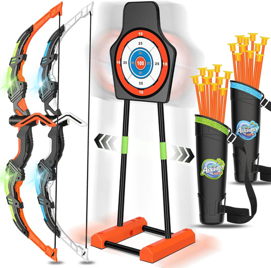 Bow and Arrow for Kids 8-12, Upgraded Kids Archery Set with Automatic Moving Target, Sport Game Toy with 20 Suction Cup Arrows 2 Led Light Bows&Quivers, Gift for Boy Girl Age 3 4-6 10(2Pack)