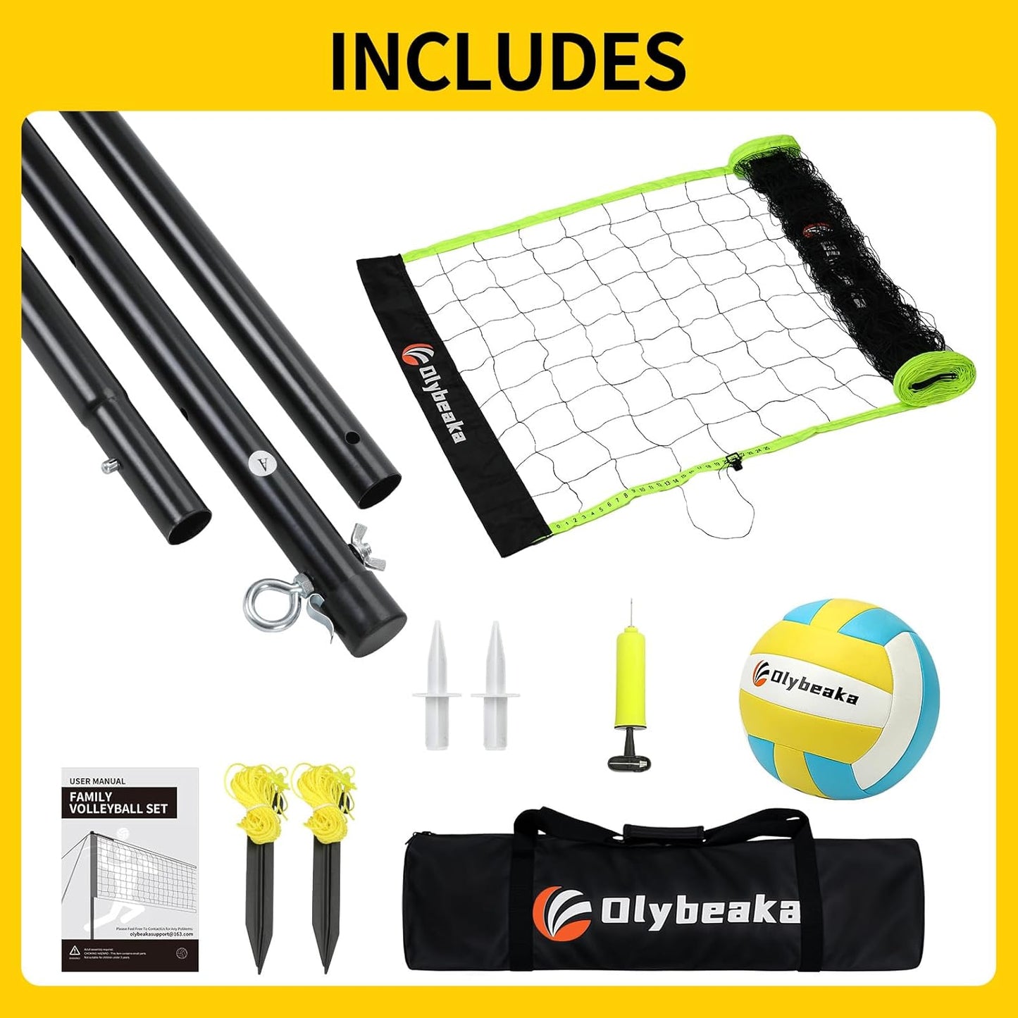 Portable Outdoor Volleyball Net Set for Backyard Beach with Adjustable Poles, Soft PU Volleyball & Pump, Carry Bag and Durable Anti-Sagging Net