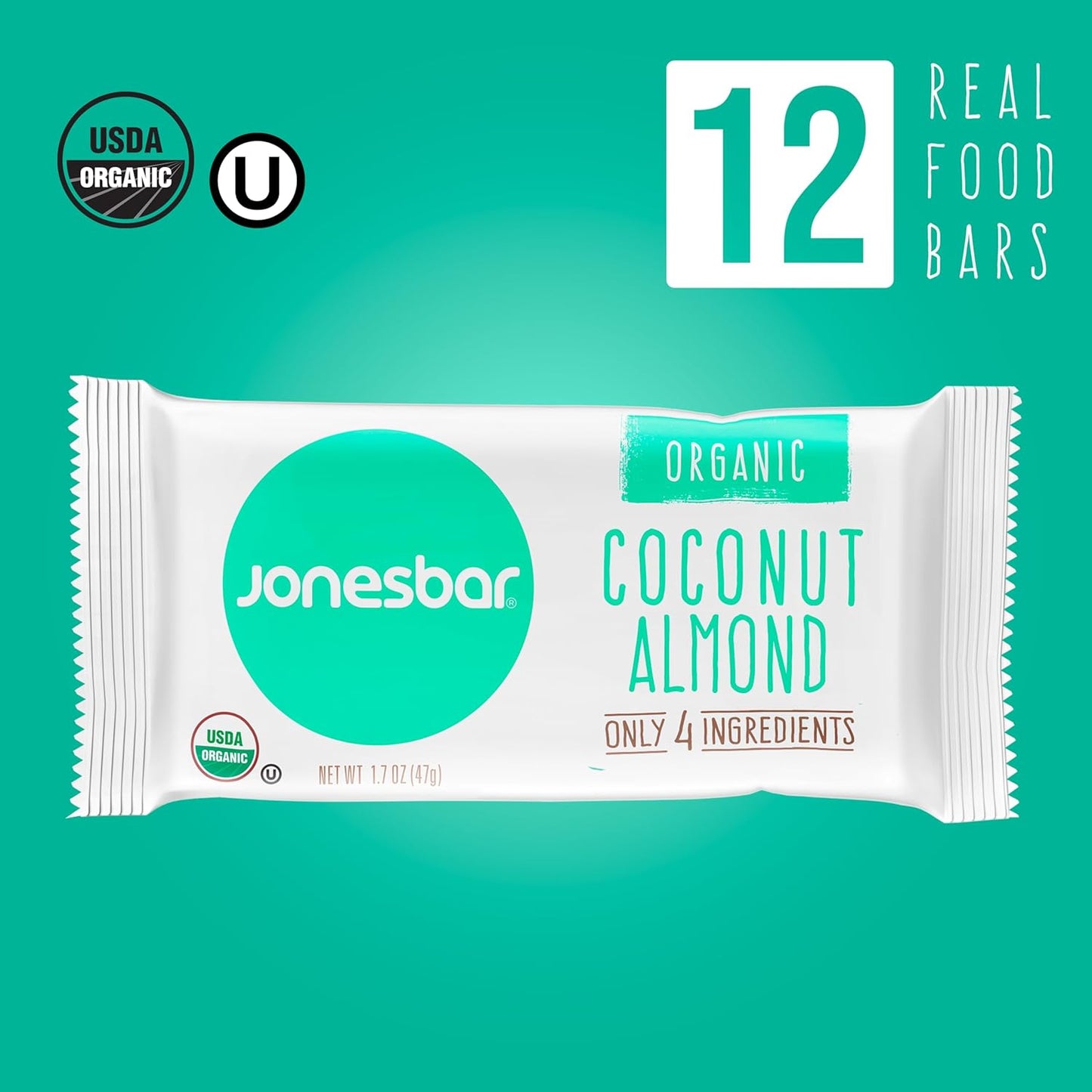 JONESBAR (Coconut Almond, 12 Count (Pack of 1)) USDA Organic Fruit & Nut Bar, Non-GMO, Kosher, Vegan, Gluten Free, Simple Snack Bar