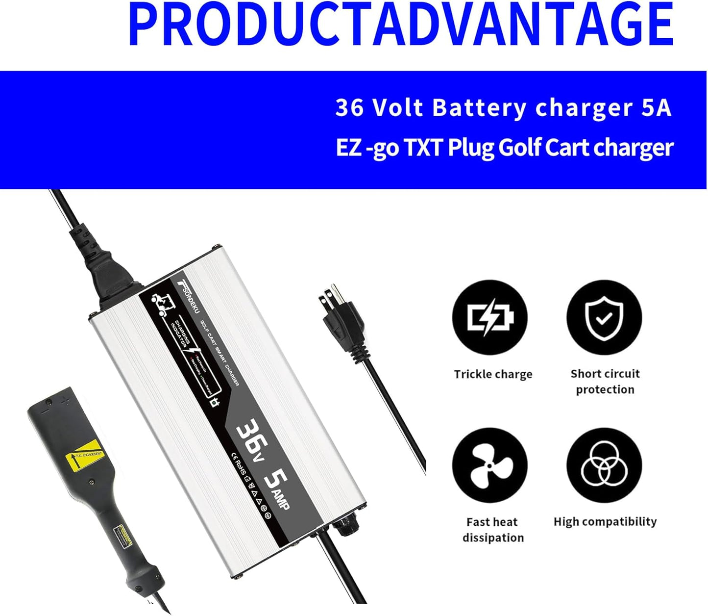 36V 5A Smart Golf Cart Battery Charger for Lead-Acid Batteries with EZGO-TXT Plug - 4-Stage Charging Technology, Fast & Safe Charging