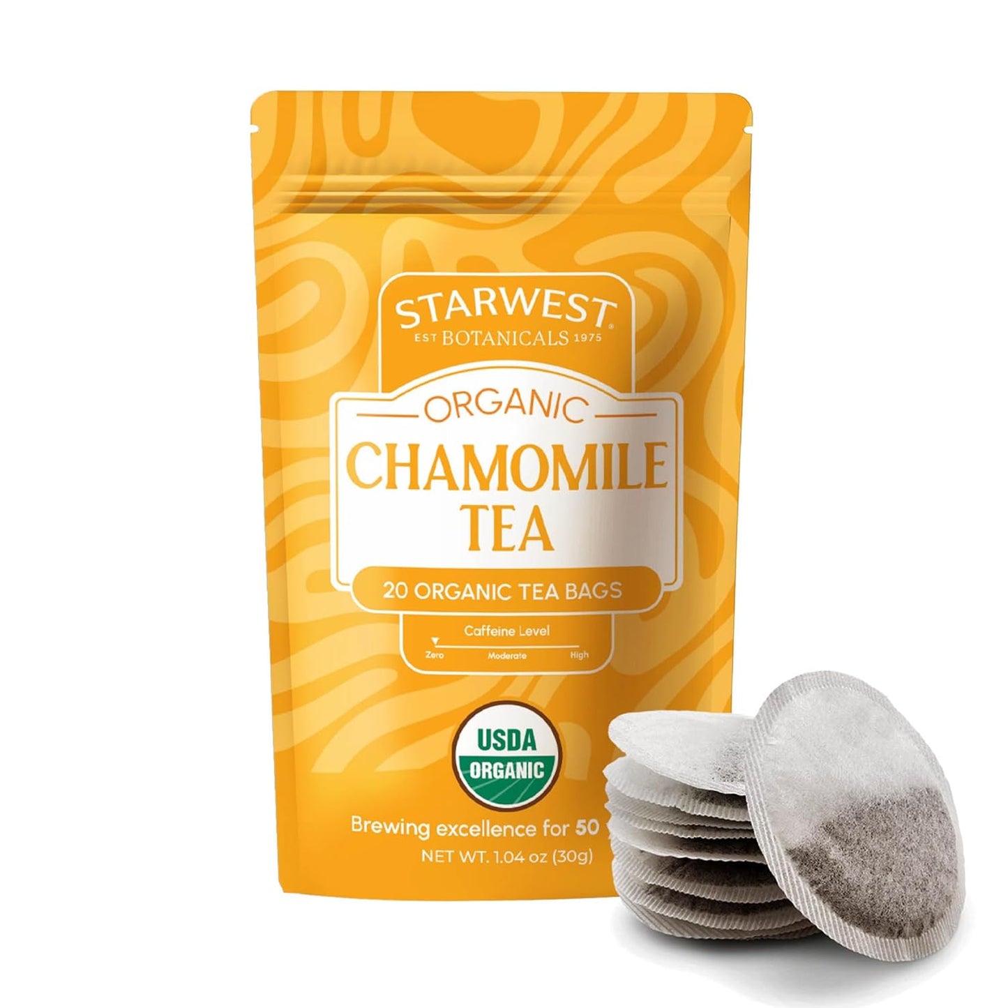 Starwest Botanicals Organic Chamomile Tea - Caffeine Free Herbal Tea, Supports Sleep & Relaxation, String Free Sachets, USDA Organic Chamomile, Non GMO - 20 Tea Bags