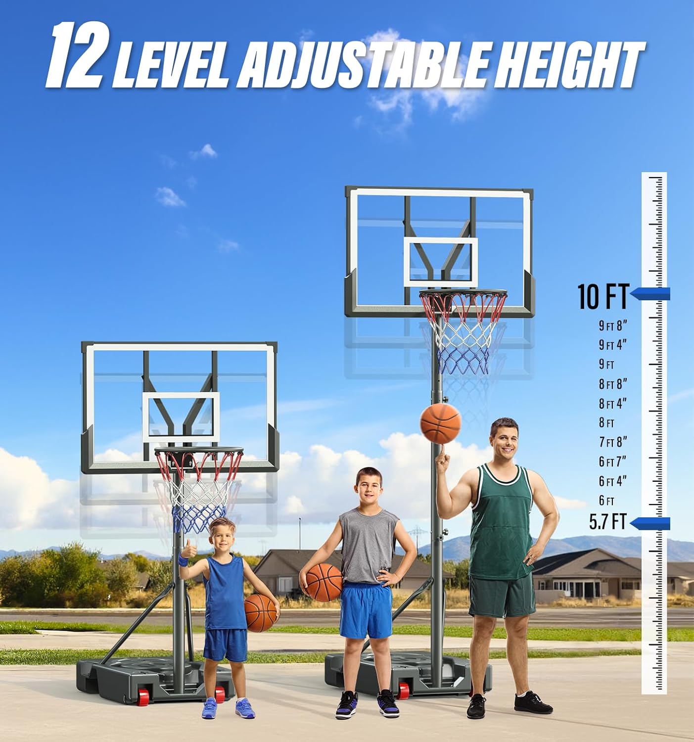 Basketball Hoop Outdoor, 4.4-10 ft Adjustable Height, Portable Basketball Hoop Goal System for Kids Teens and Adults, Weather-Resistant Heavy Base and 45 Inch Shatterproof Backboard