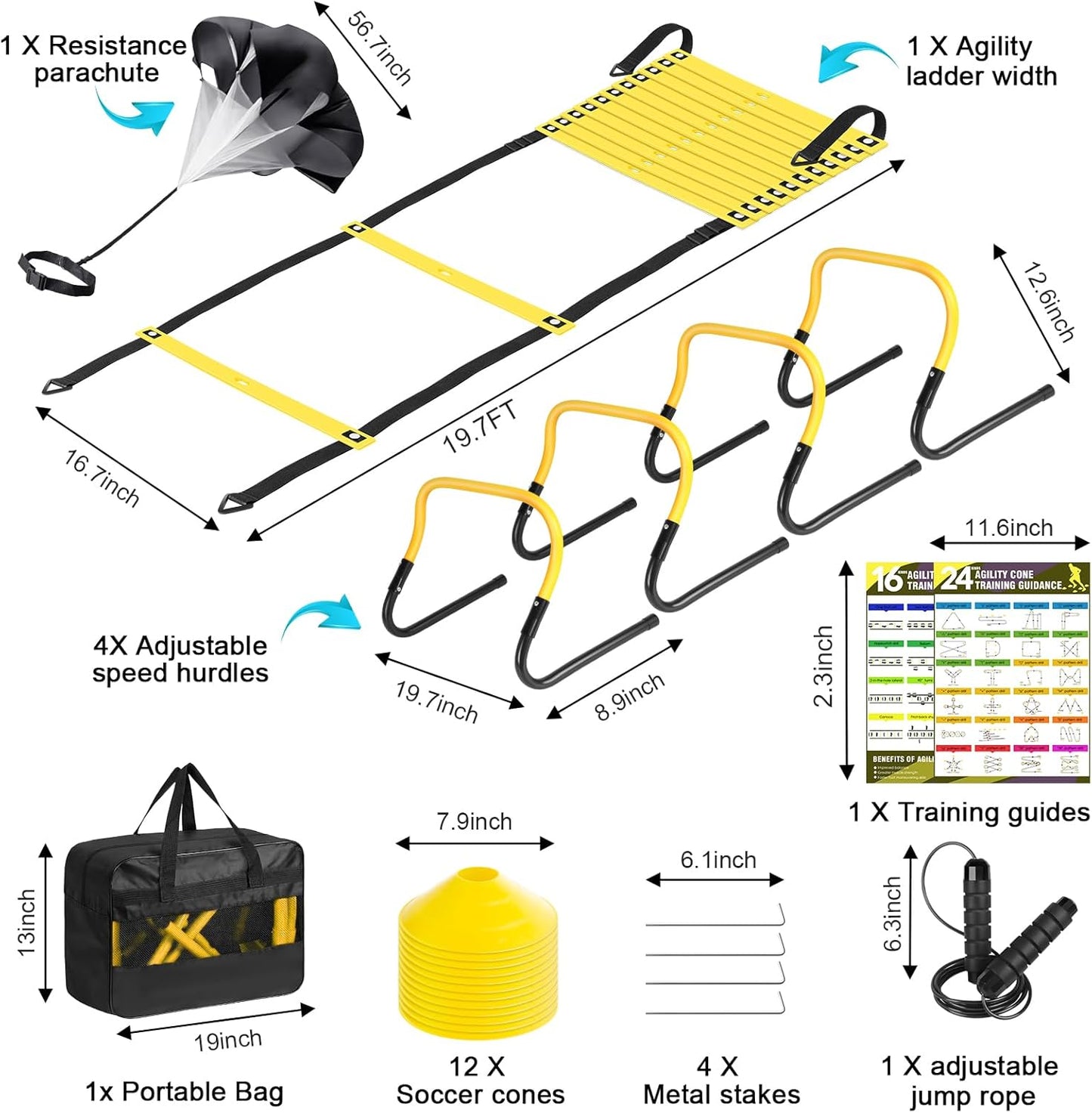Soccer Training Equipment, Agility Speed Training Set with 20ft Speed Ladder, 12 Cones, 4 Adjustable Hurdles, Jump Rope, Parachute | Ideal for Basketball, Football Practise, for Kids, Youth, Adults