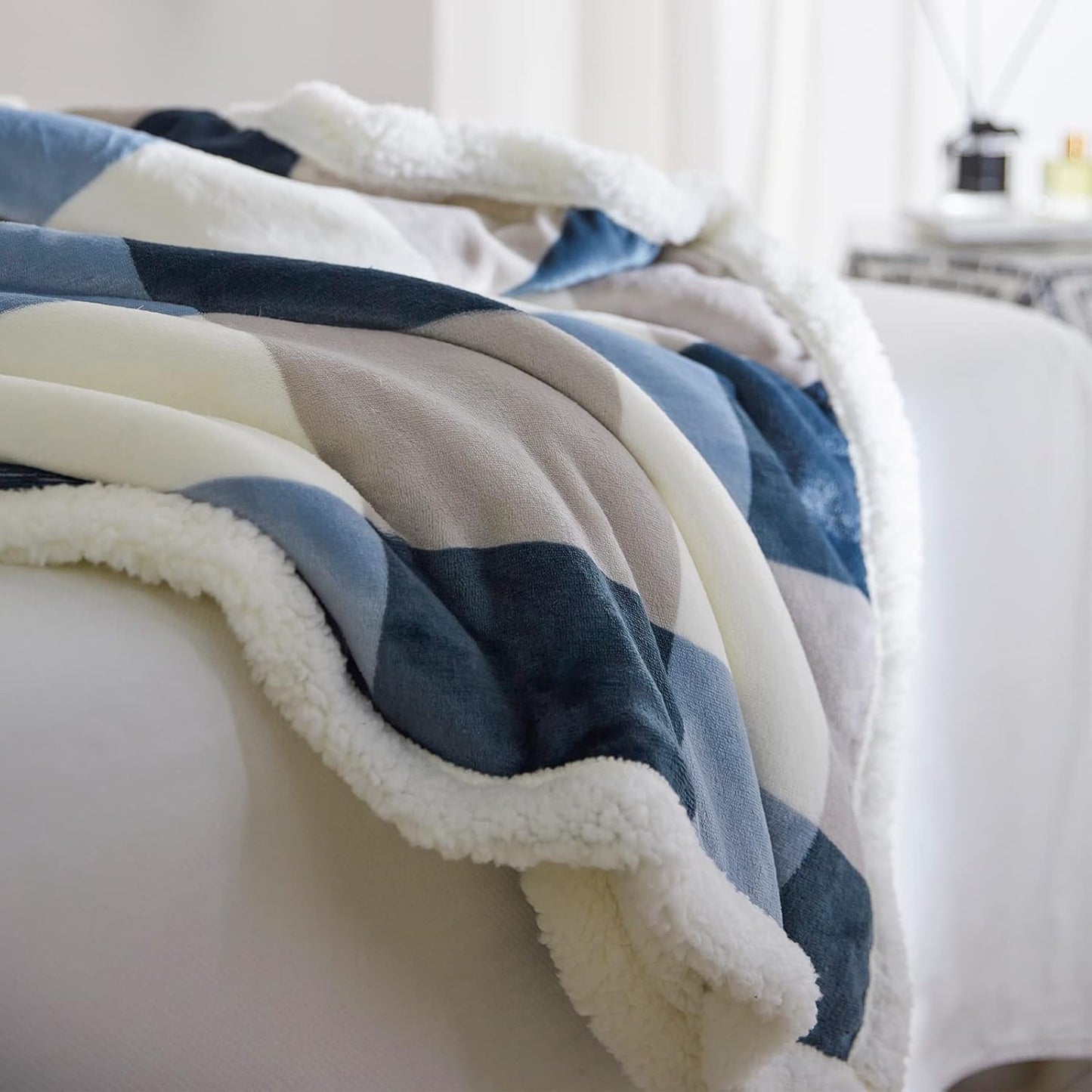 PU MEI Sherpa Fleece Throw Blanket 80" x 90" Full/Queen Reversible Plush Fluffy Extra Large Big Blanket Lattice Flannel Blankets for Sofa Couch Bed (Grey-Soft Blue, 80"*90")