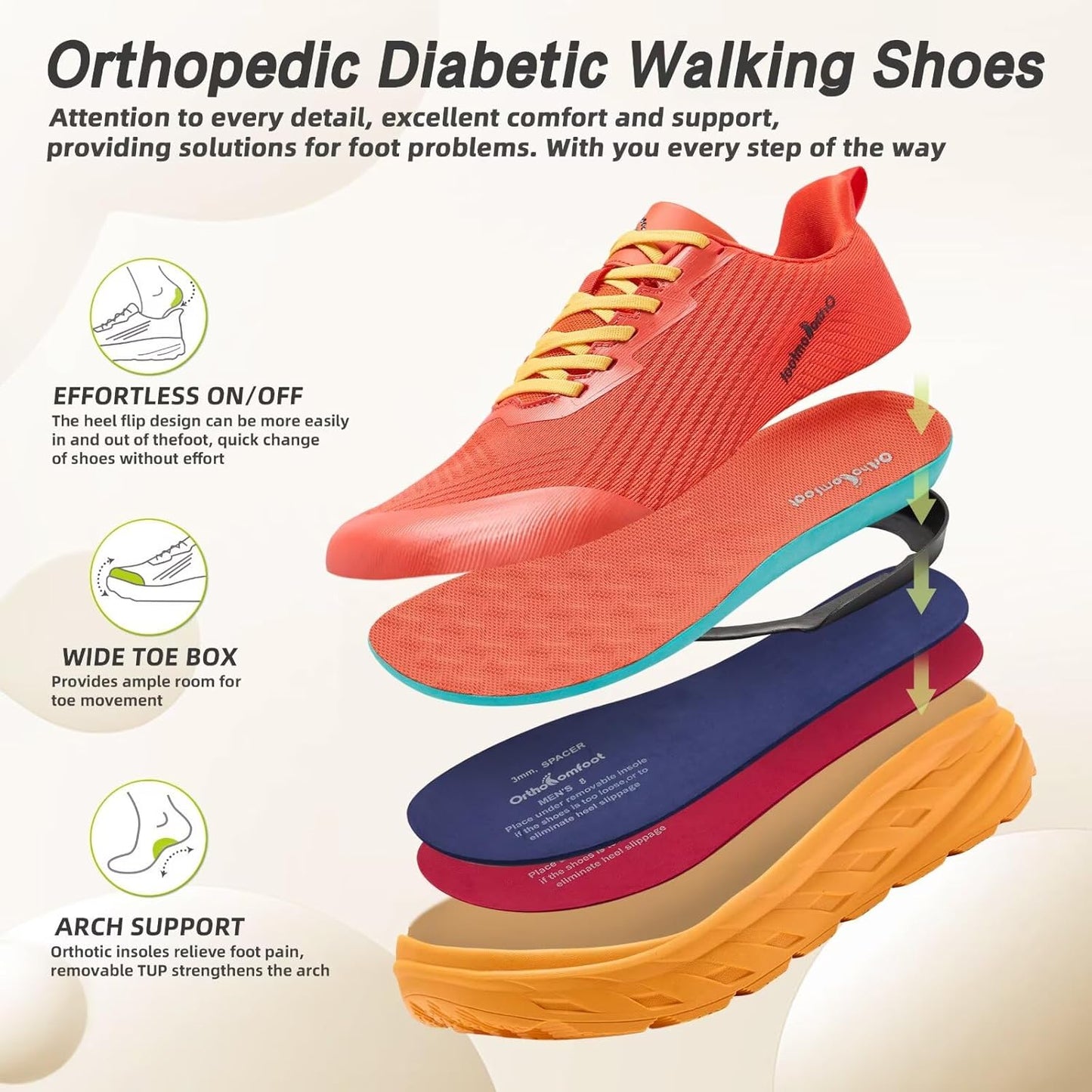 OrthoComfoot Orthopedic Diabetic Men's Wide Shoes: Comfortable Arch Support Running Sneakers, Plantar Fasciitis Wide Toe Box Work Tennis Outdoor Walking Shoes for Swollen Feet, Heel Pain