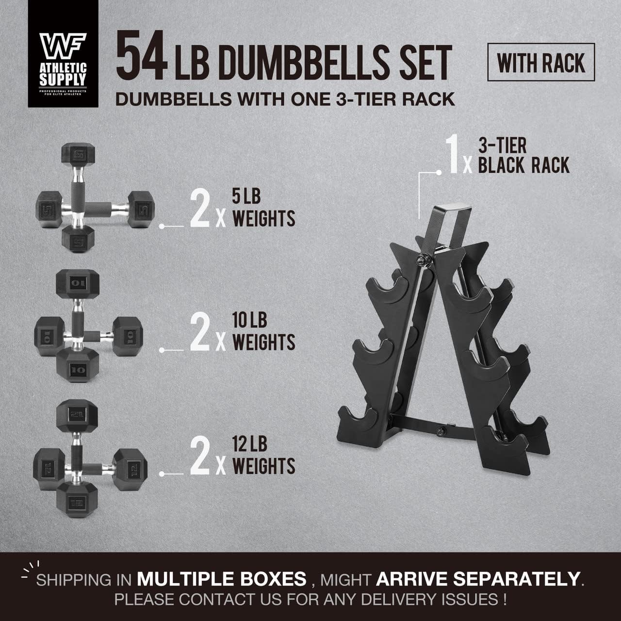 WF Athletic Supply Rubber Encased Hex Dumbbells with Rubber Grip Contoured Handle for Muscle Toning, Strength Building & Full Body Workout