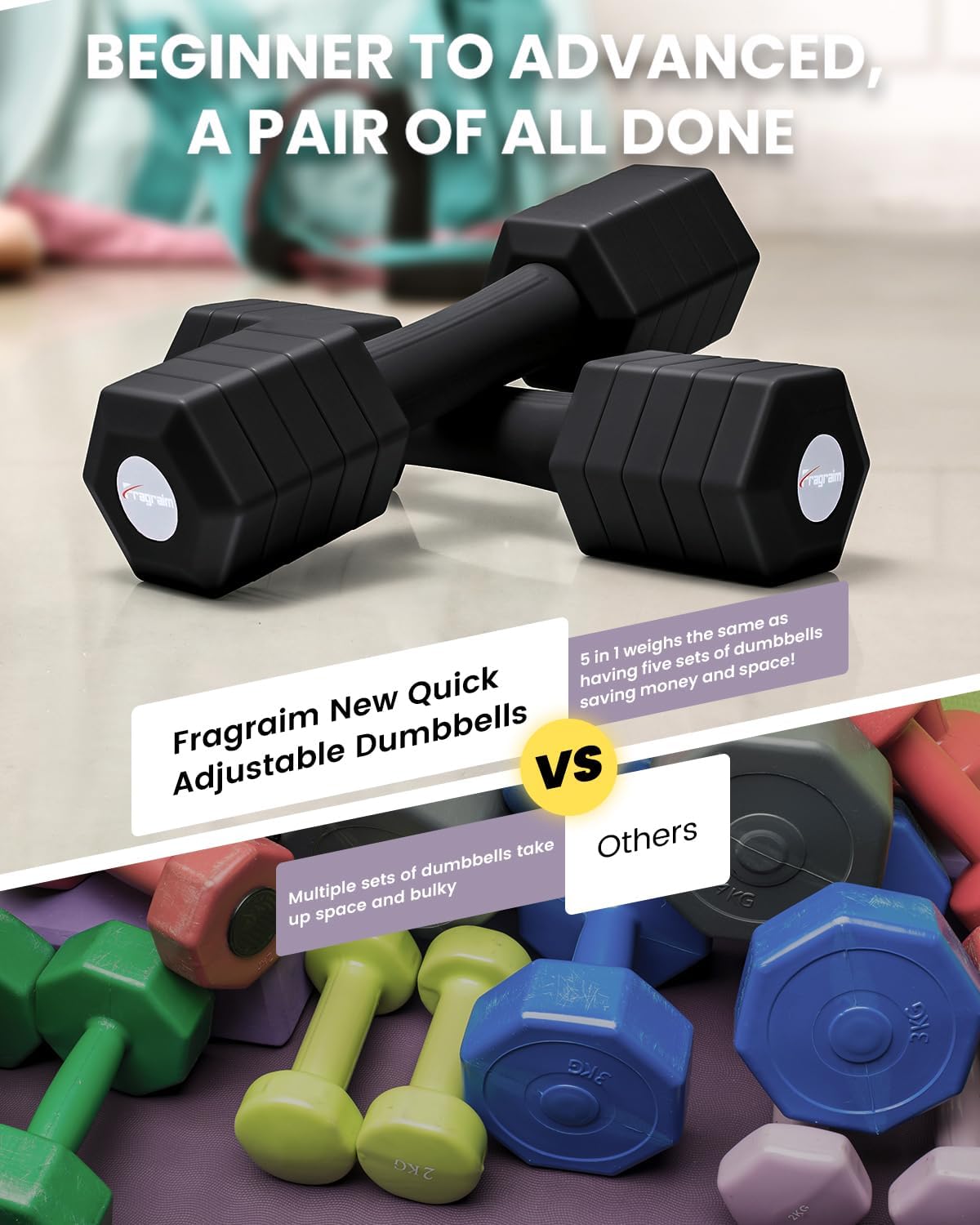 Adjustable Dumbbells Set, 4 in 1 Hand Weights Set for Women Men 10 LB/ 12 LB Dumbbell Pair Each 2lbs 3lbs 4lbs 5lbs Weights Dumbbells Set with TPU Soft Rubber Handle for Home Gym Exercise Fitness