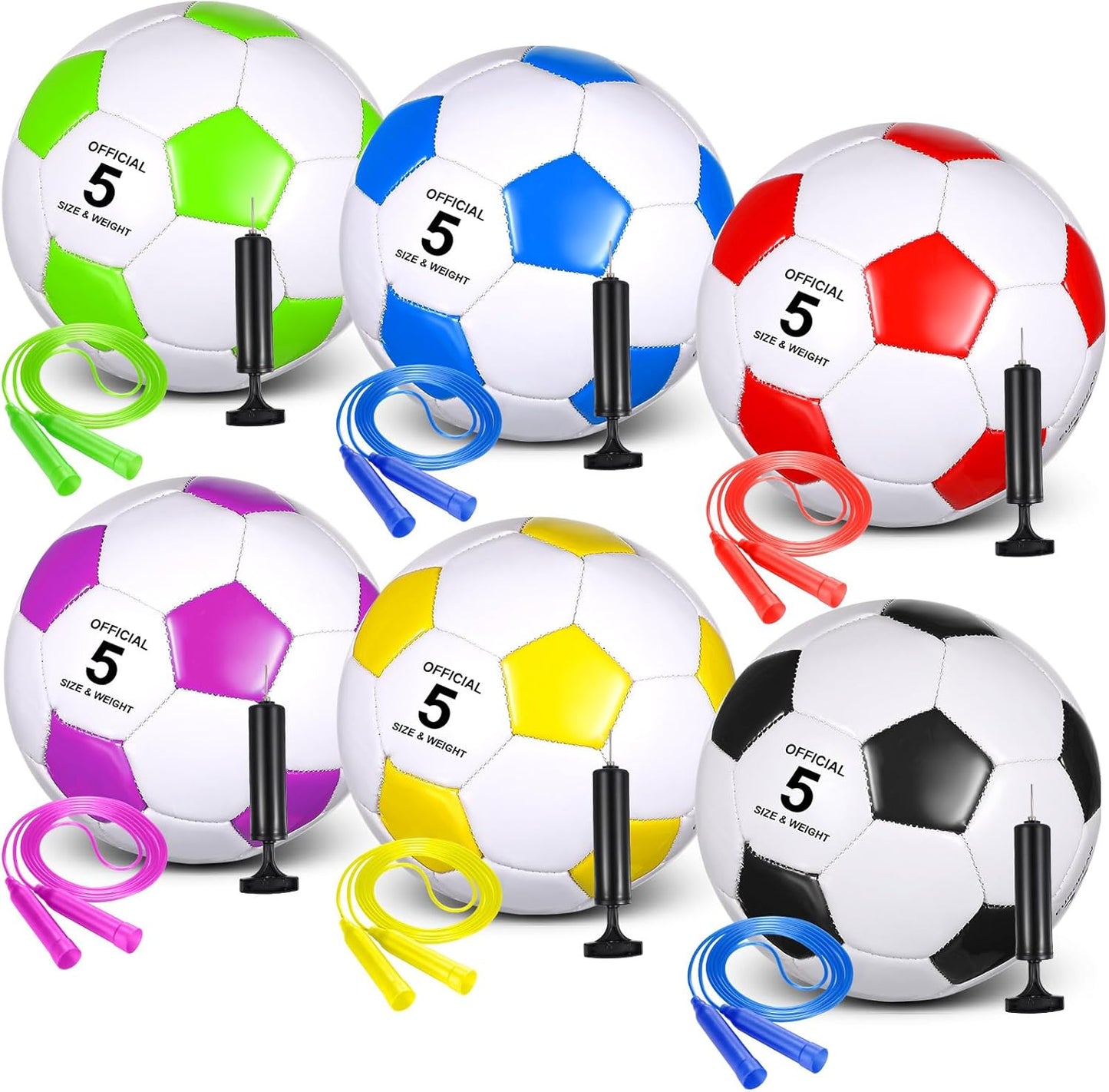 Hiboom 6 Sets Operation Christmas Deflated Soccer Ball with Pumps and Jump Ropes Official Size Soccer Ball Bulk for Outside Sports Training Party Supplies Christian Charity Donation Gift
