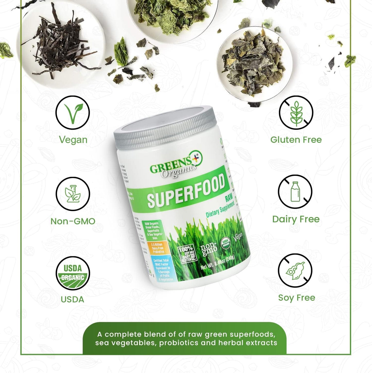 Greens+ Organic RAW Superfood Powder, Super Blend Immune Support, Morning Kick, Energy Boost, Nutrition Vibrant Health, Dietary Supplement, Vegan Soy/Dairy/Gluten Free(8.46oz)