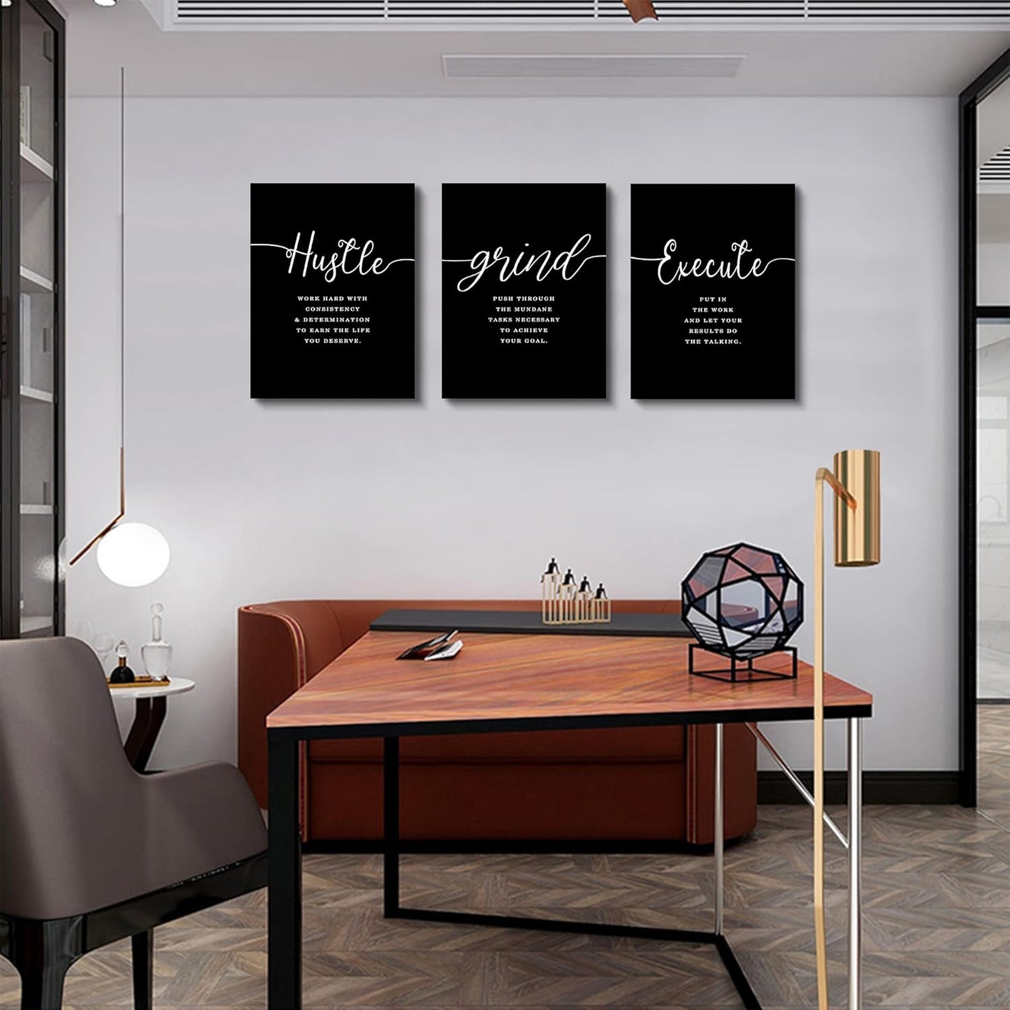 Office Decor - Hustle Quotes Execute Prints, Framed Canvas Wall Art Grind Quote, Office Wall Art, Black Large Poster, Positive MotivationalPrints, Inspirational Print (F-3pcs,12x16inchx3pcs)