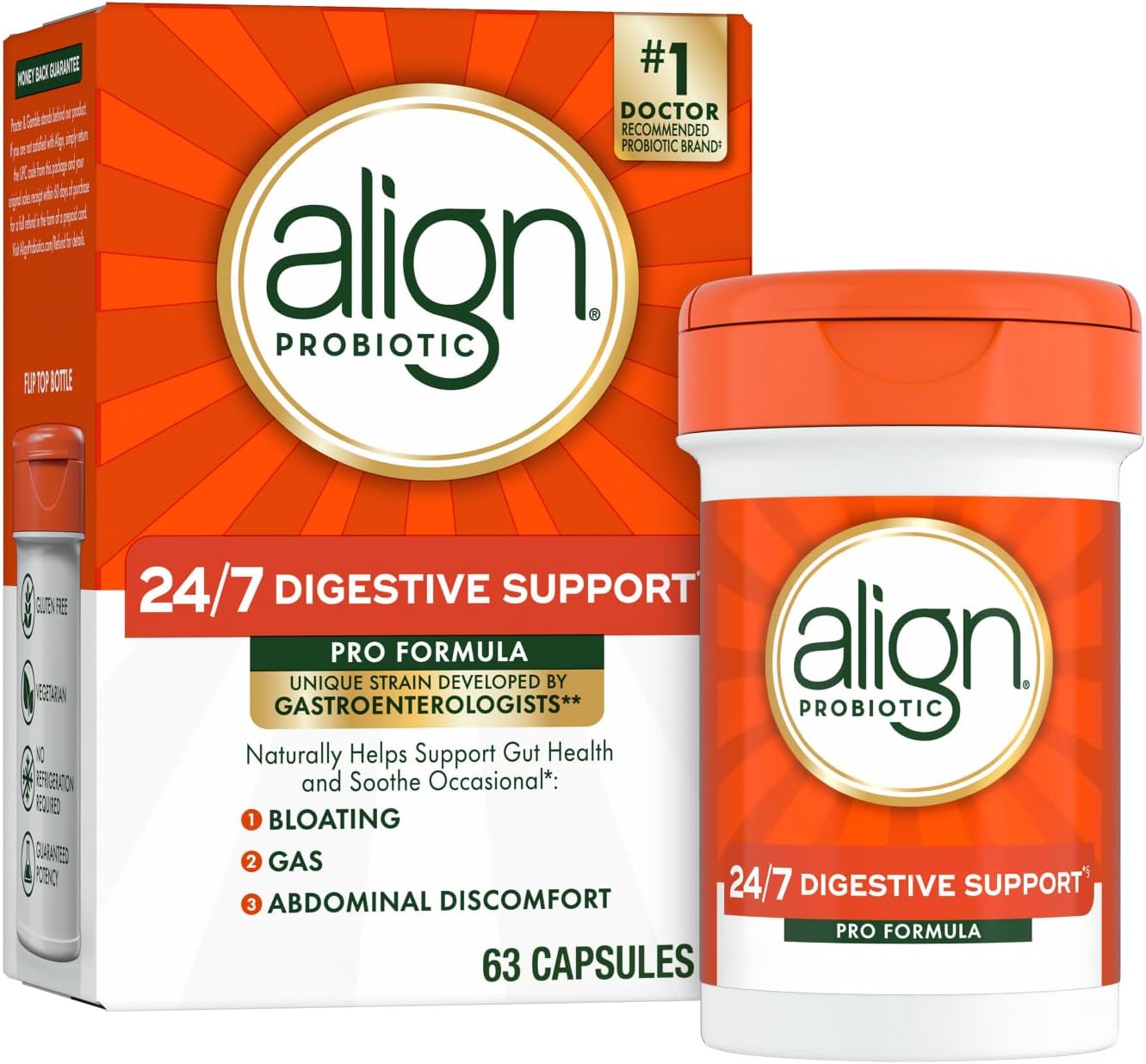 Align Probiotic, Pro Formula, Probiotics for Women and Men, Daily Probiotic Supplement, Helps Soothe Occasional Bloating & Gas*, #1 Doctor Recommended Brand‡, 63 Capsules (Packaging May Vary)