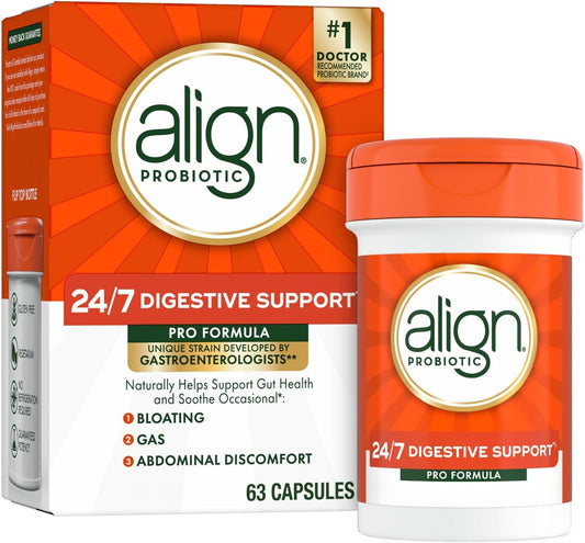 Align Probiotic, Pro Formula, Probiotics for Women and Men, Daily Probiotic Supplement, Helps Soothe Occasional Bloating & Gas*, #1 Doctor Recommended Brand‡, 63 Capsules (Packaging May Vary)