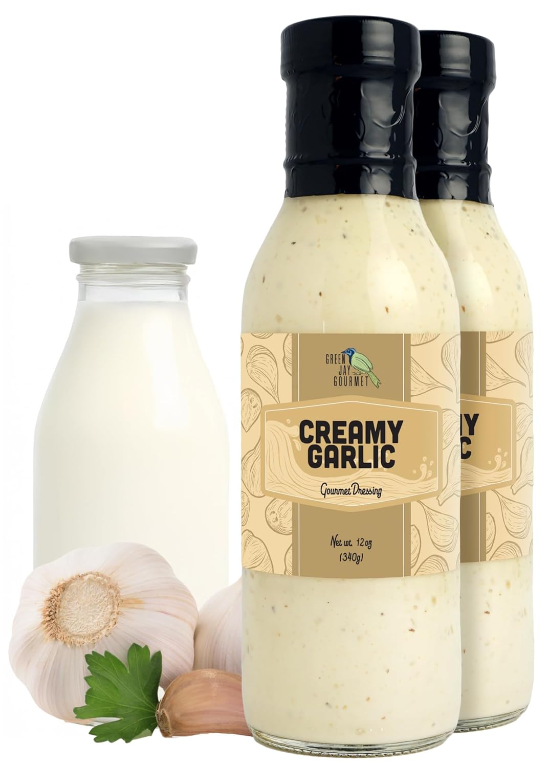Green Jay Gourmet Creamy Garlic Salad Dressing – Rich & Savory with Bold Garlic Flavor – Handcrafted in USA – Perfect for Salads, Dips, Marinades & More – 2 x 12 Ounces