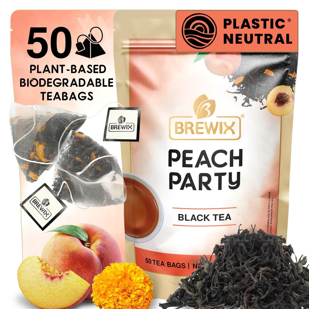 BREWIX, Peach Black Tea (50 Plant Based Pyramid Bags) | Premium Black Tea with Peach | Floral & Refreshing | Iced or Hot | Caffeinated And Sugar-Free