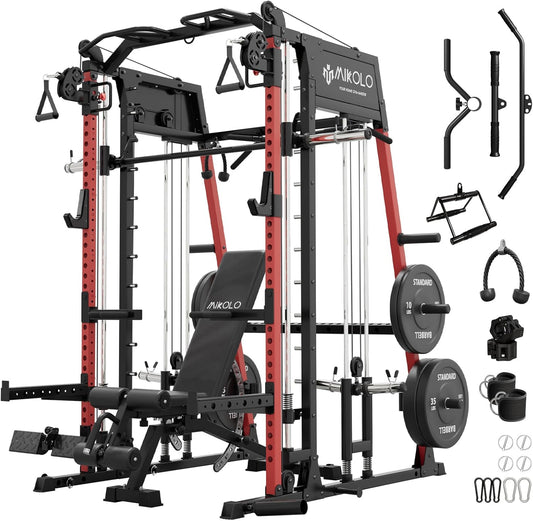 Mikolo Smith Machine, 2200lbs Squat Rack with LAT-Pull Down System & Cable Crossover Machine, Training Equipment with Leg Hold-Down Attachment
