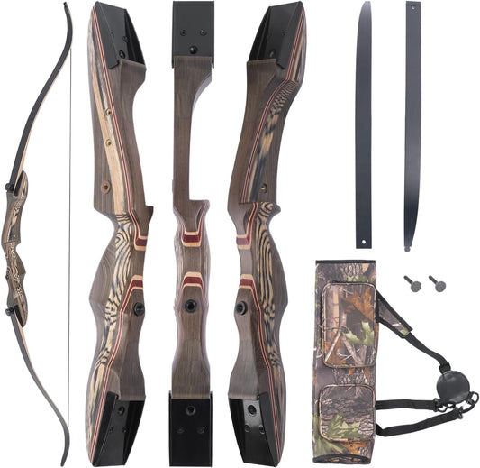 JEKOSEN Recurved Wooden Takedown Archery Bow 62" Hunting Bow - Arrows Quiver Bag and Bow Stringer Tool Included - Right & Left-Handed 25-55 LBS Draw Weight