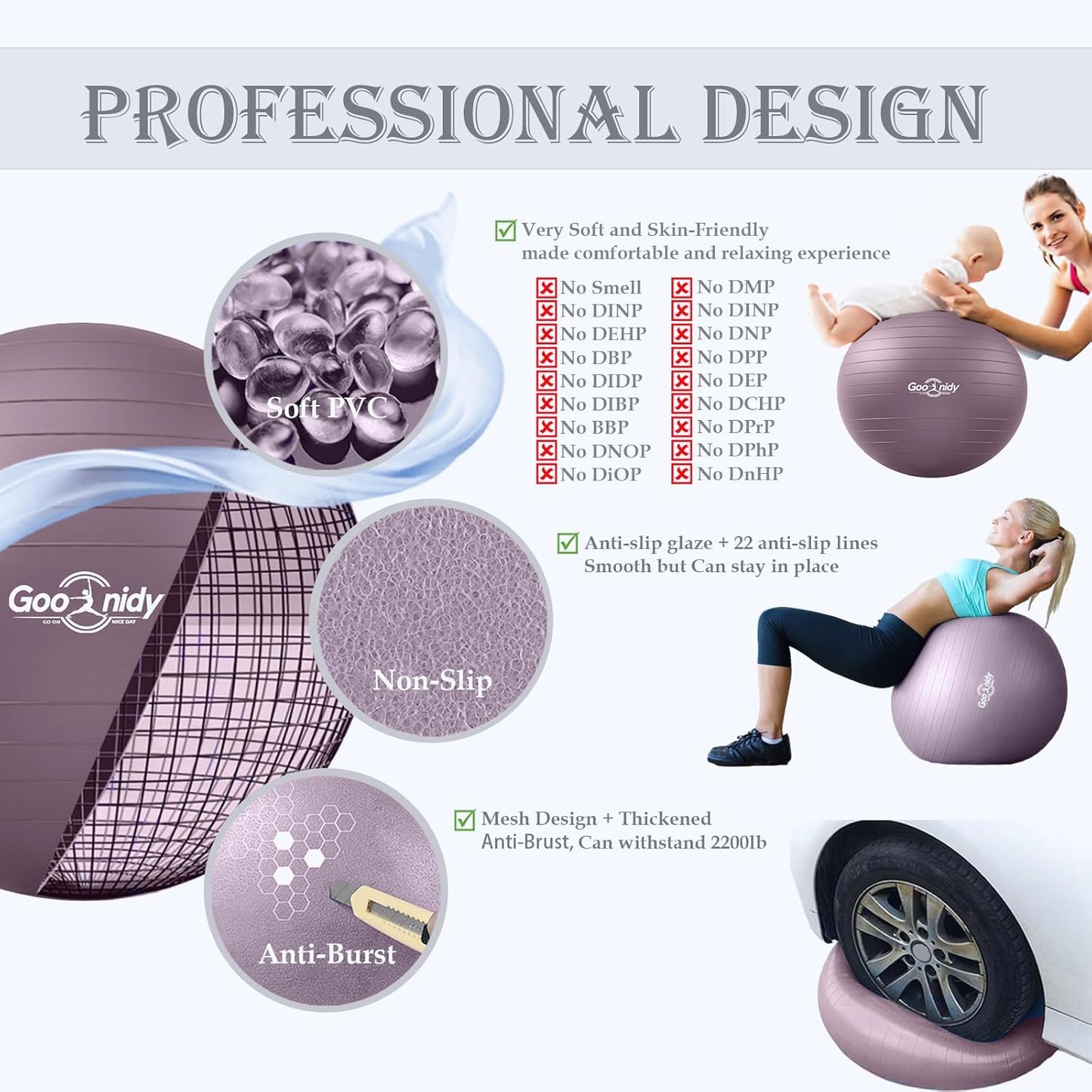 Soft Exercise ball, Anti-Burst Yoga Ball Chair Supports 2200lbs, Workout Equipment w/ Pump for Women Pregnancy, Medicine, Birthing, Physical Therapy, Stability, Excersing, Birth, Swiss, Fitness, Gym