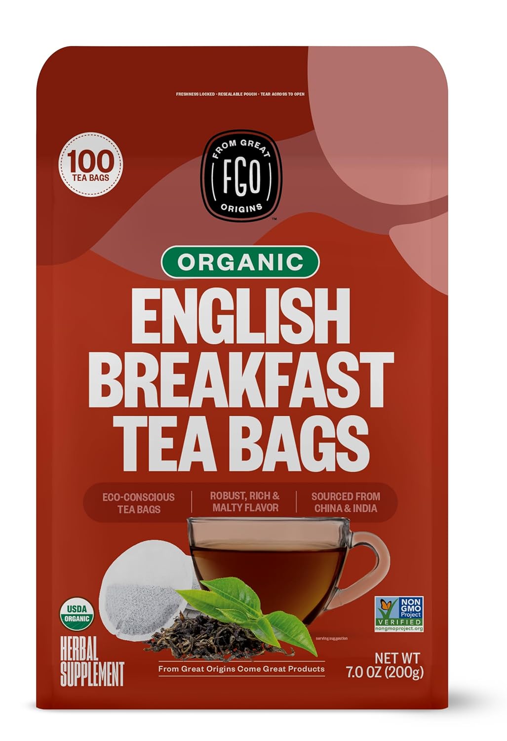 FGO Organic English Breakfast Black Tea, 100 Count, Eco-Conscious Tea Bags, Resealable Bag, Packaging May Vary (Pack of 1)