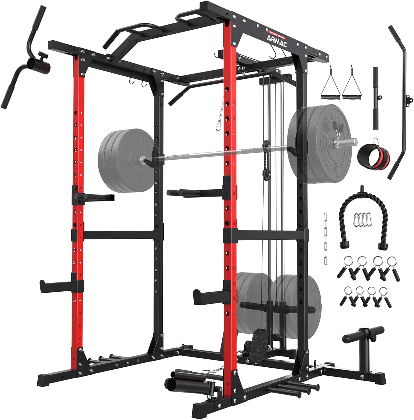 ARMAC Power Cage,1500lbs Multi-Function Power Rack with Adjustable Cable Crossover System and More Training Attachment, Weight Cage for Home Gym