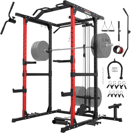 ARMAC Power Cage,1500lbs Multi-Function Power Rack with Adjustable Cable Crossover System and More Training Attachment, Weight Cage for Home Gym