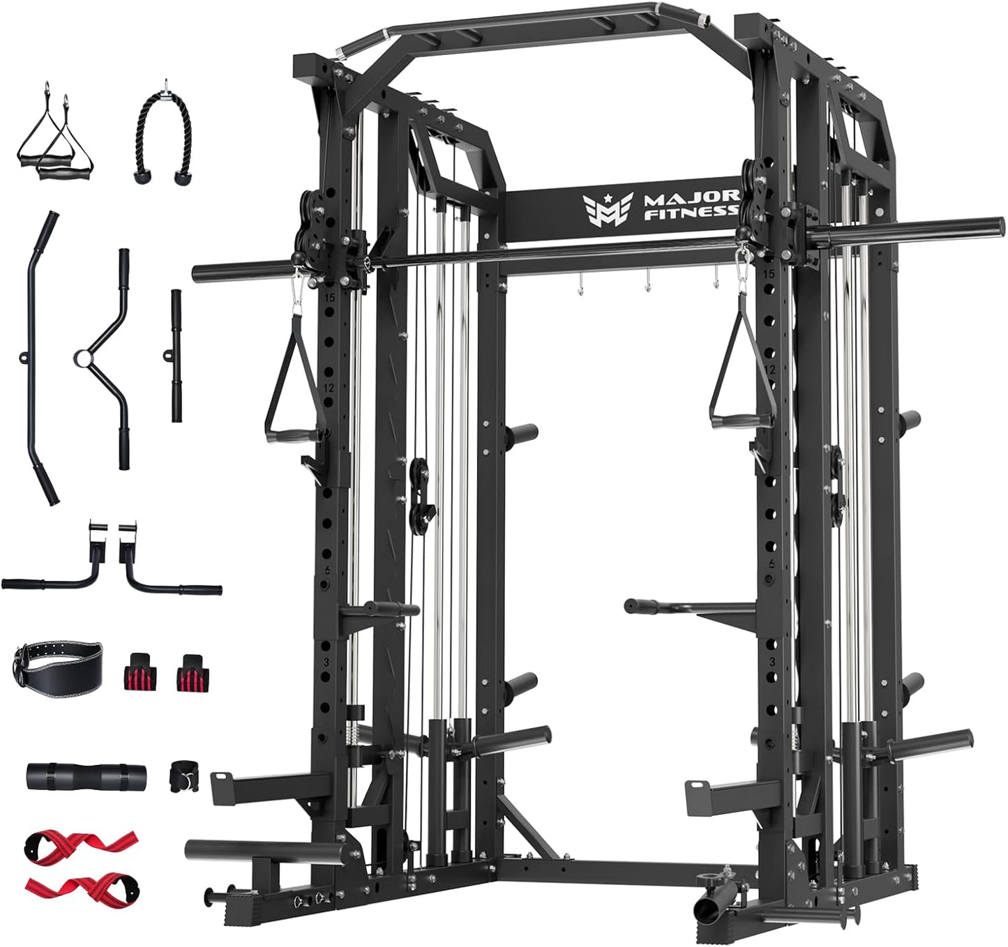 Major Fitness Drone2 Smith△ Machine – All-in-One Home Gym Squat Rack with Weight Bar, Dual LAT Pull-Down Systems & Cable Crossover Machine for Full-Body Workouts
