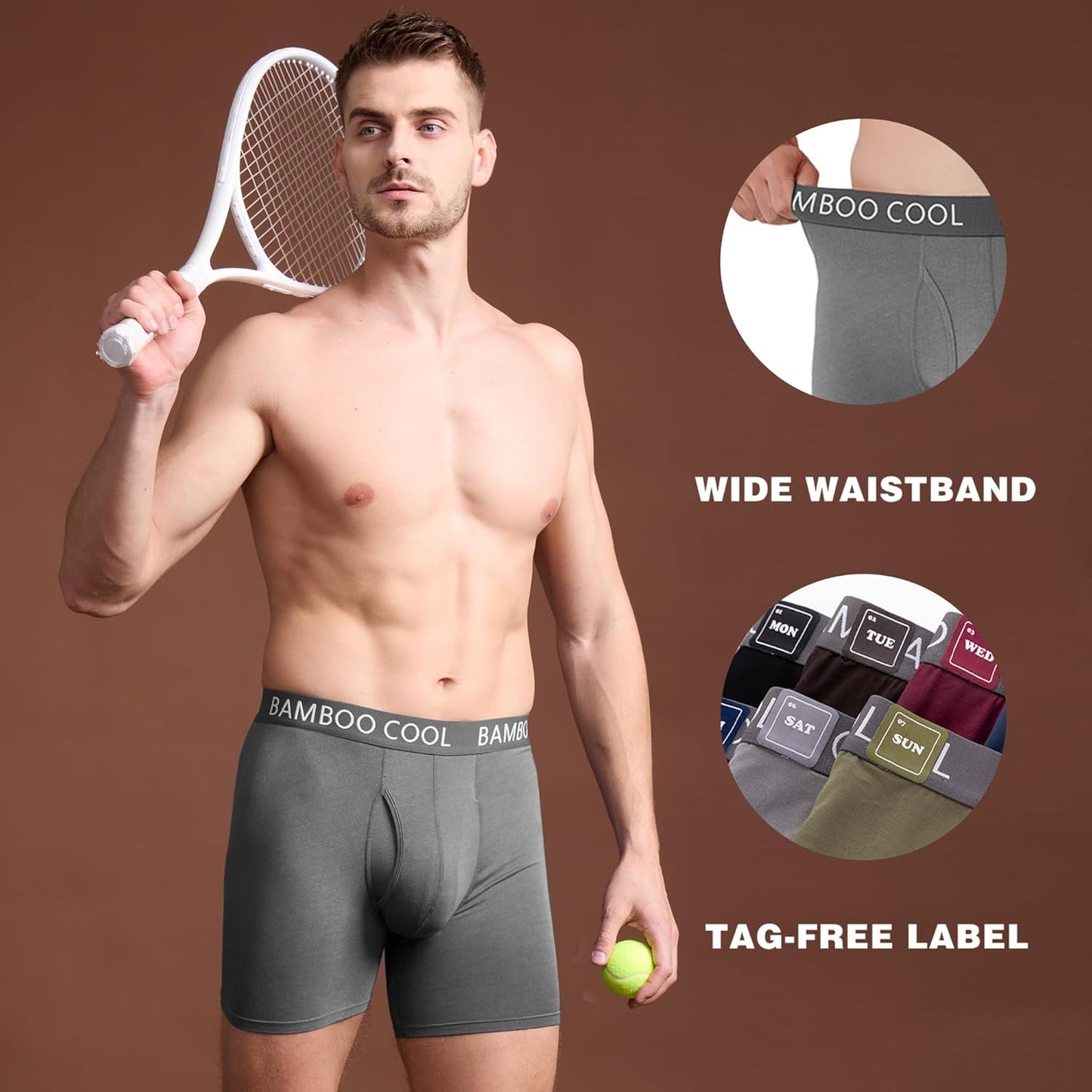 BAMBOO COOL Men's Ultra ComfortSoft Underwear, Moisture Wicking & Breathable No Ride Up Boxer Briefs with Fly, Multipack