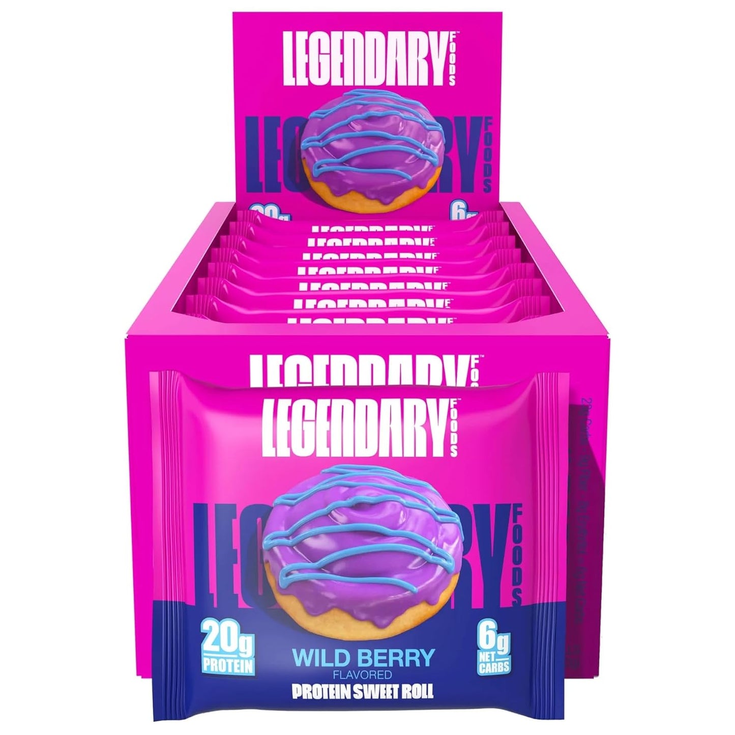 Legendary Foods 20g Protein Wild Berry Sweet Roll - Premium High Protien Bars, Low Carb Meal Replacement Snack, Low Glycemic Index, Gluten Free Snacks - Zero Sugar, Keto and Diabetic Friendly 8-Pack