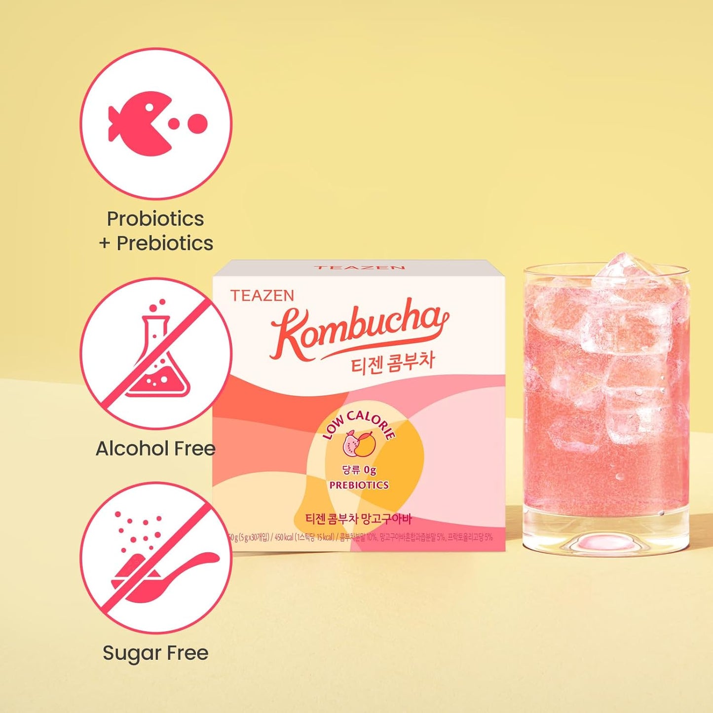 TEAZEN Mango Guava Kombucha Tea, Hydration Drink Mix, Sugar Free, Live Probiotics & Prebiotics, 30 Sticks, 5.29oz