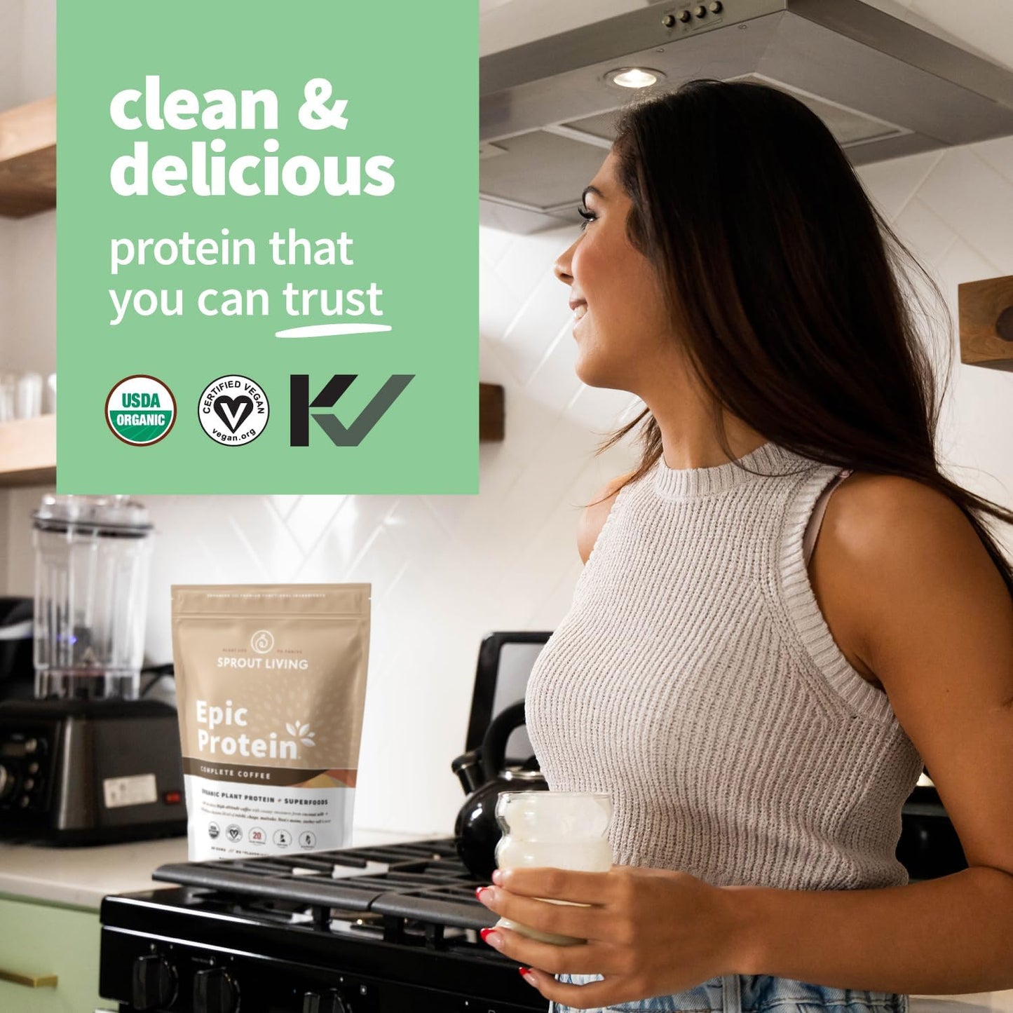 Sprout Living, Epic Protein, Plant Based Protein & Superfoods Powder, Complete Coffee | 20 Grams Organic Protein Powder, Adaptogens, Mushrooms, Vegan, Non-GMO, Gluten Free (2 Pound, 24 Servings)