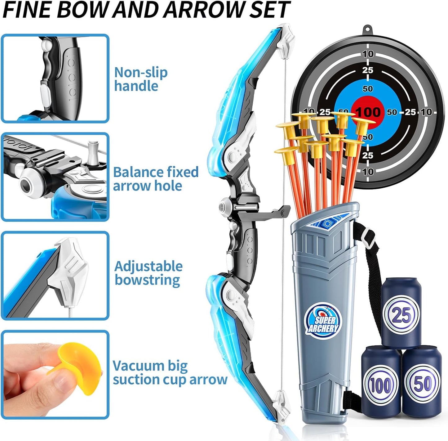 Bow and Arrow Set for Kids - LED Light Up Archery Set - Includes 10 Suction Cup Arrows, 4 Target & Shoulder-Strapped Quiver, Outdoor Toys Archery Boys Toys Gifts for 3-12 Years Old Boys Girls
