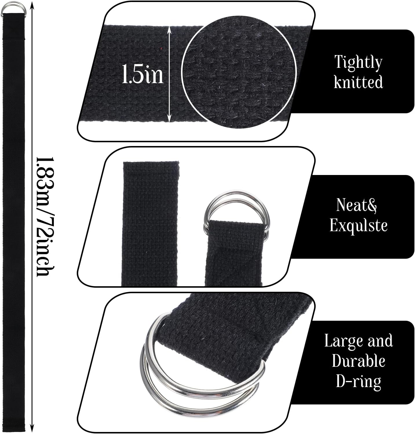 12 Pack Yoga Straps for Stretching, 6 Ft Black Exercise Bands with Adjustable D Ring Buckles for Pilates, Gym Fitness, Flexibility Training, Men Women